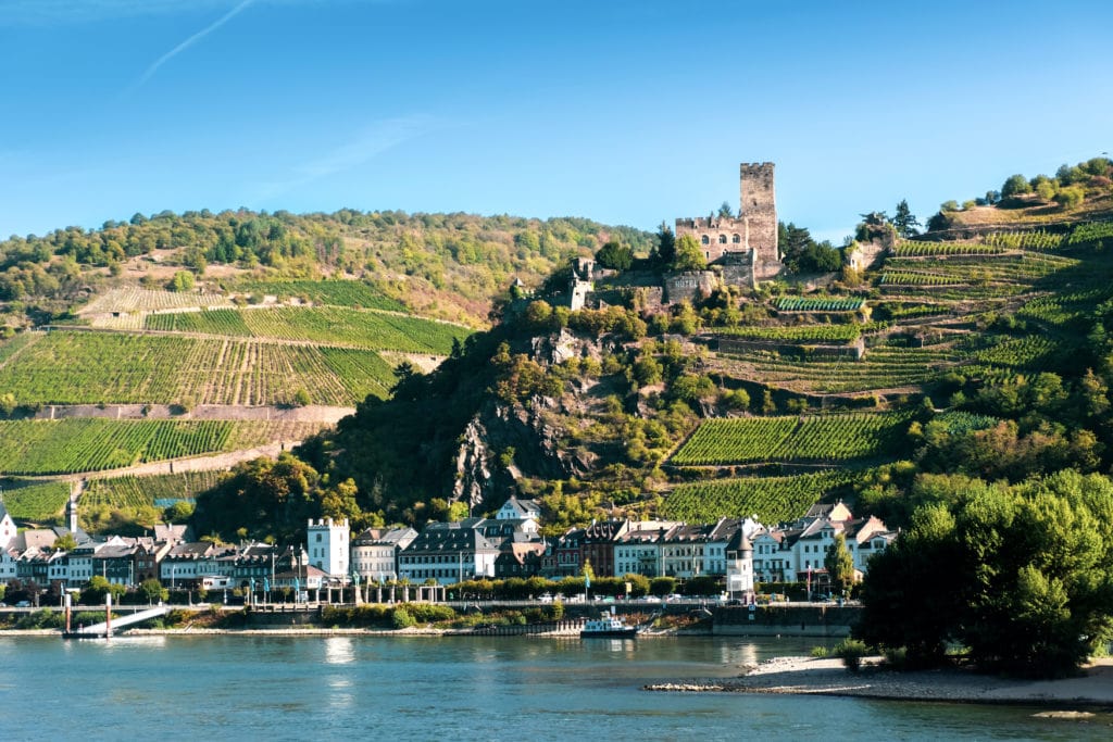 Gutenfels Castle on the Rhine with wine terraces below