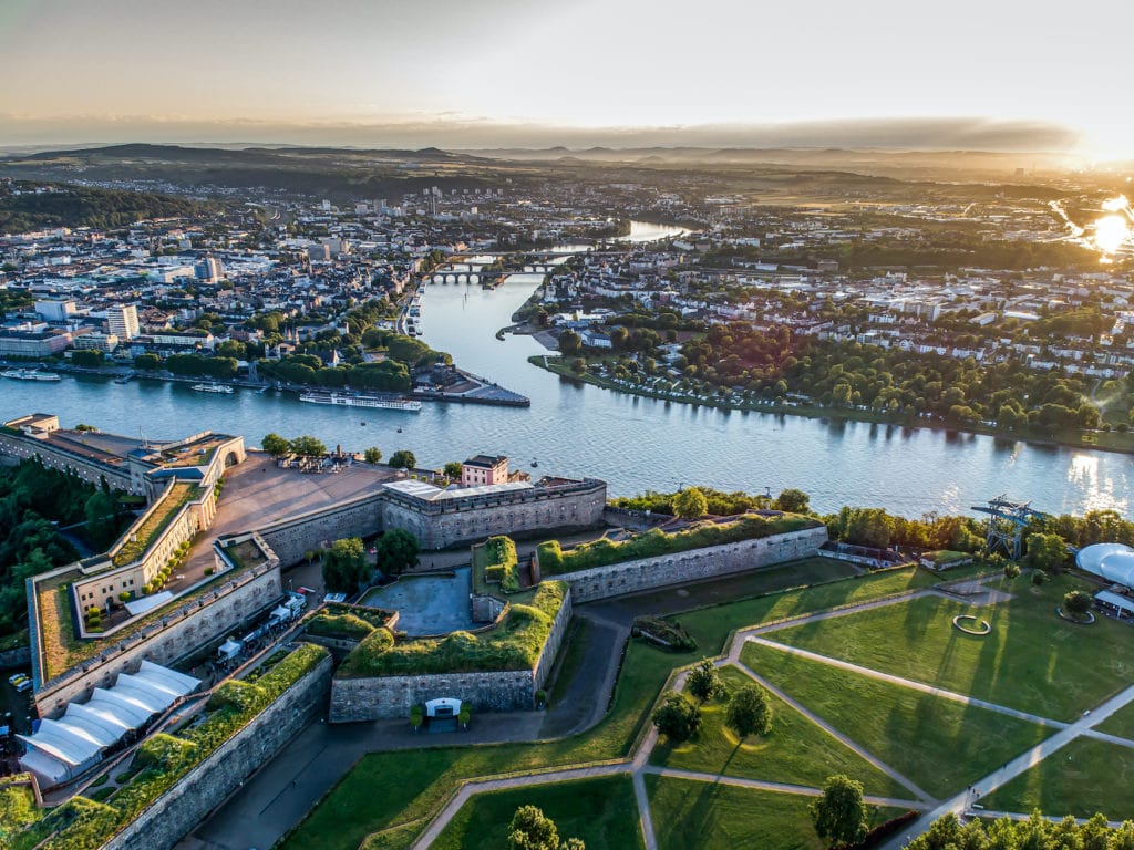 Koblenz from the bird's eye view. Here you can see the Moselle flowing into the Rhine