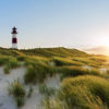 Lighthouse on Sylt, one of the most famous islands in Germany, in front of green dunes in the evening sun
