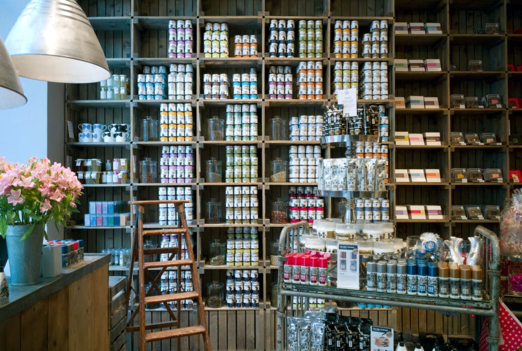 The full shelves of the Mutterland shop with regional delicacies