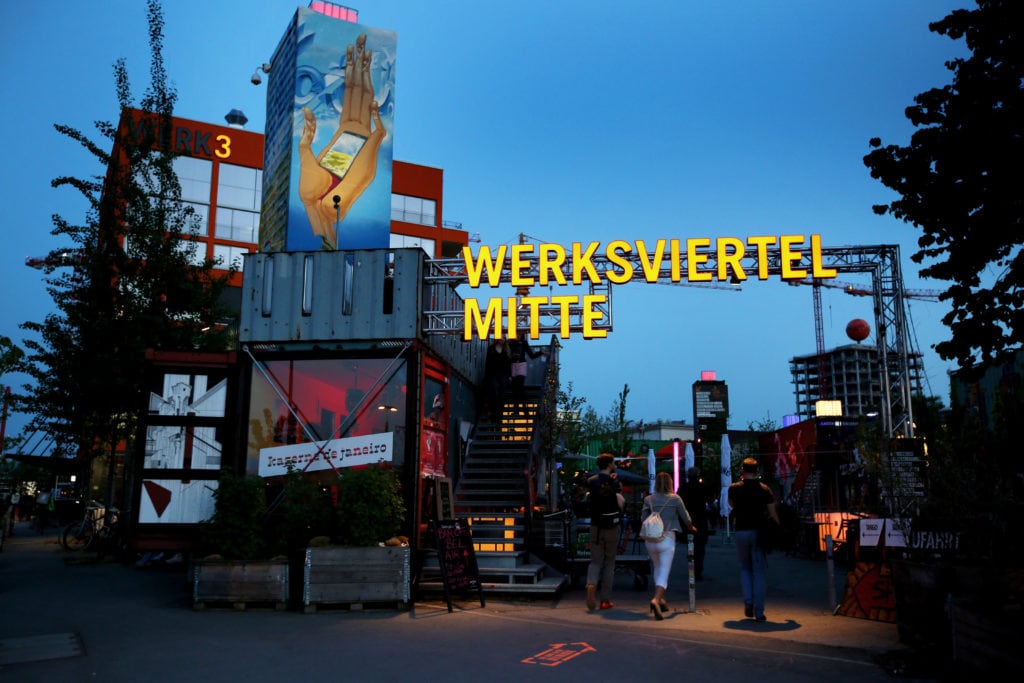 View of the Werksviertel Mitte in Munich at night