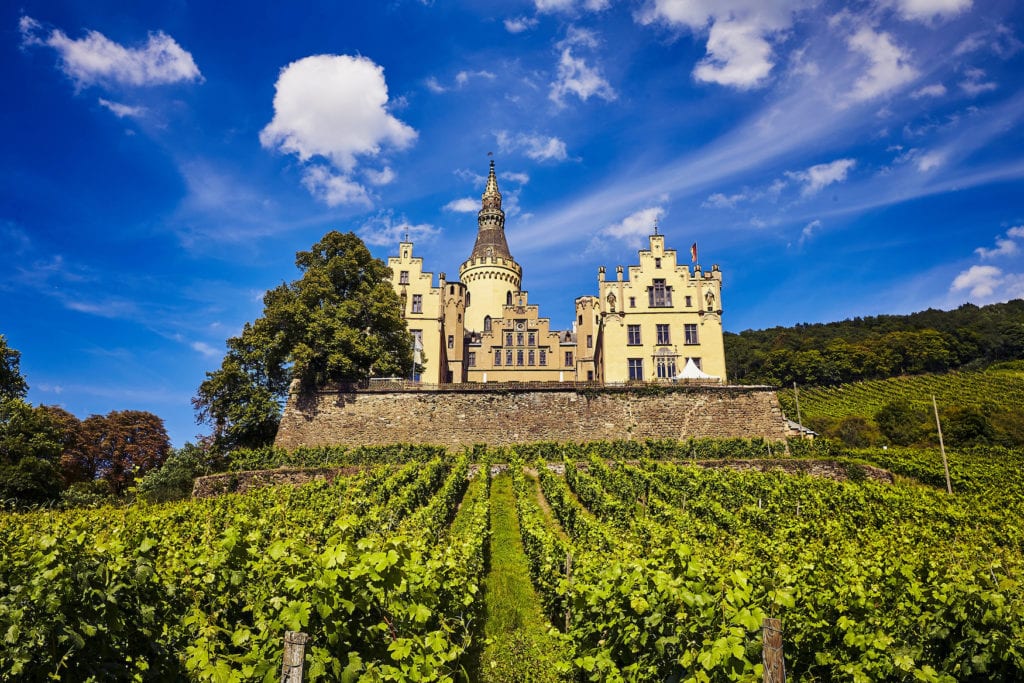 Schönes Schloss zwischen Weinbergen im Mittelrheingebirge bei Bad Hönningen