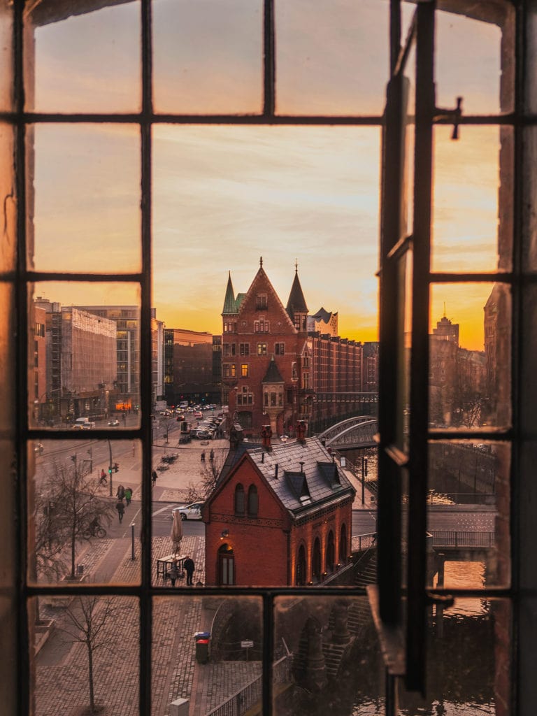 View from a window into the legendary Speicherstadt of Hamburg
