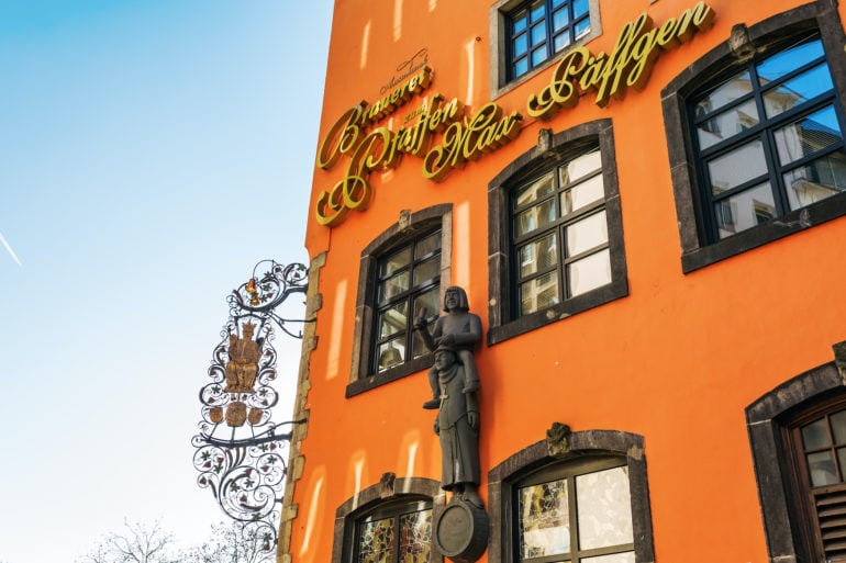 facade of the Paeffgen pub in the old town of Cologne. The Paeffgen brewery brews the famous Koelsch beer, a top fermented beer originated in Cologne