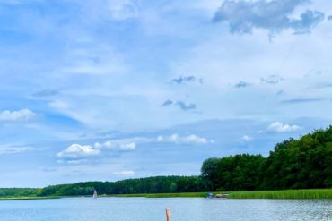 Man is doing yoga on a stand-up paddle on a lake in Potsdam