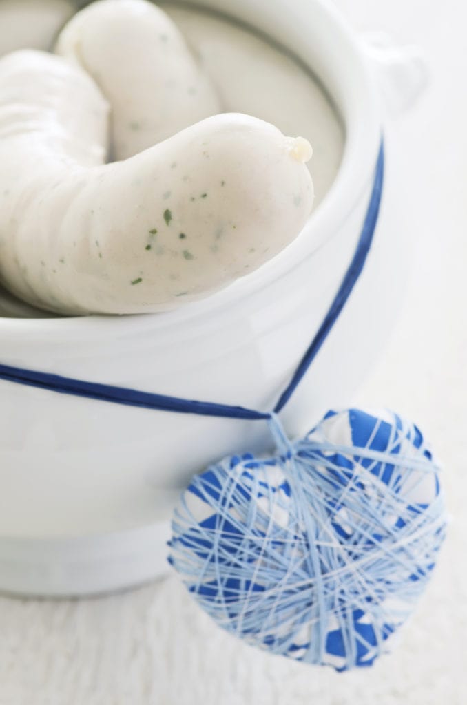 Bavarian sausages served in a white bowl