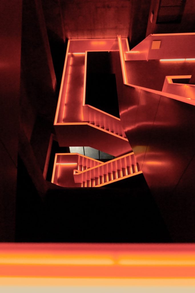 orange staircase by Dutch star architect Rem Koolhaas
