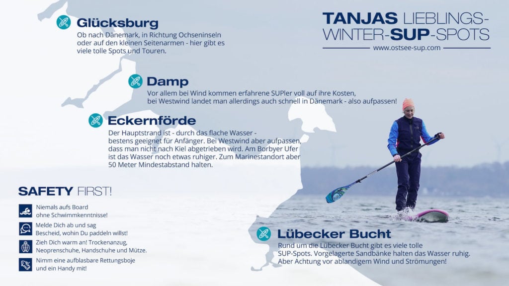 Auf dieser Infografik sind Tanjas Lieblings SUP-Spots an der Ostsee Schleswig-Holstein markiert sowie ein paar Sicherheitsregeln