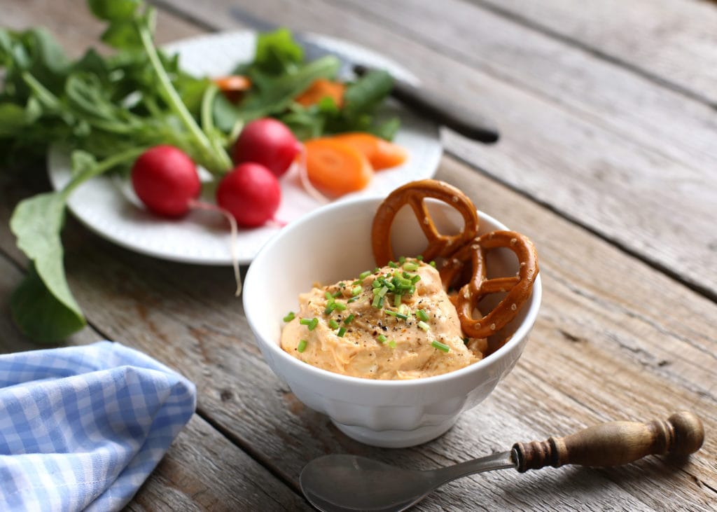 Obadzda from Bavaria served with herbs and pretzels