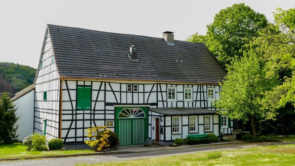 Half-timbered house in Bergisches Land during bike ride in Western Germany