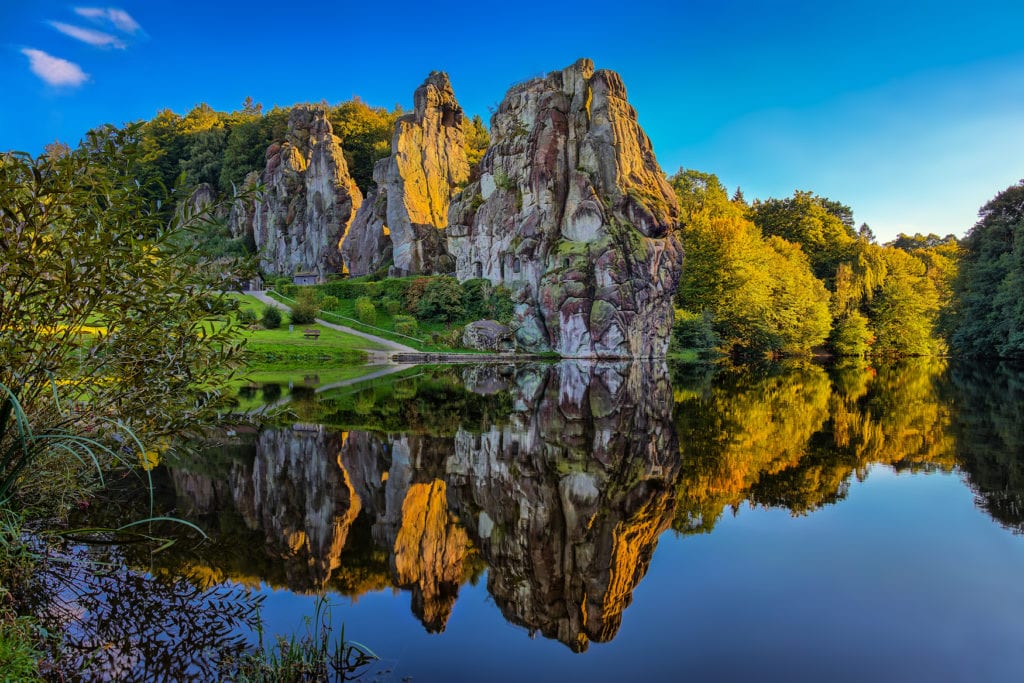 Externsteine in Detmold reflected in the water