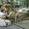 Family standing in front of a Sumatran tiger's disc at Tierpark Berlin