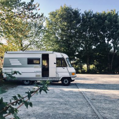 Camping Caravan on a Parking Lot in Hesse, Germany