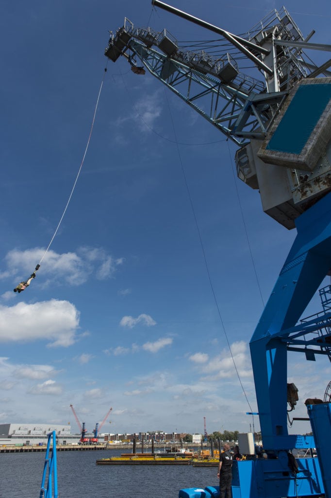 Opening of the harbor crane of Jochen Schweizer for bungee jumping in the port of Hamburg