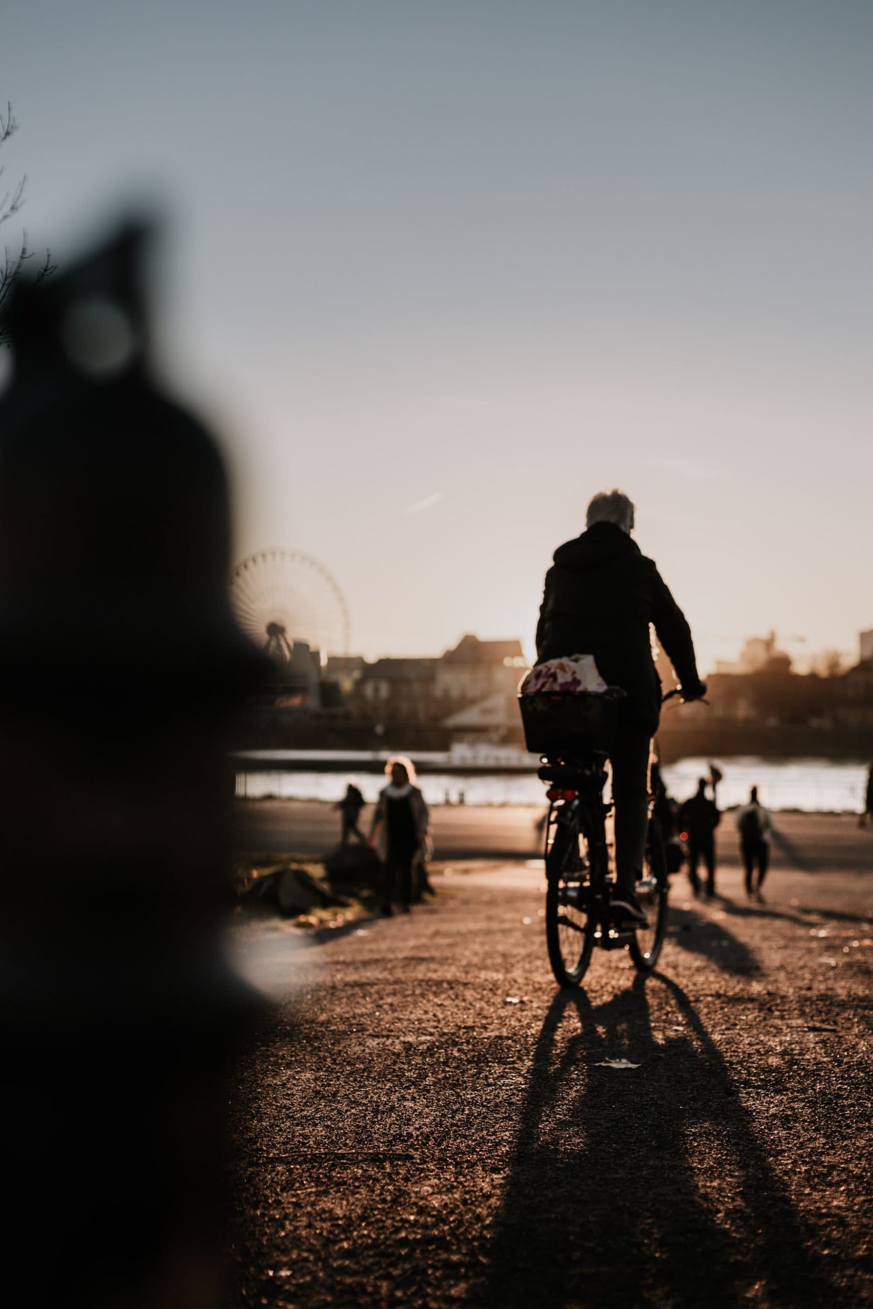 Fahrradfahrerin vor der Rheinkulisse in Köln