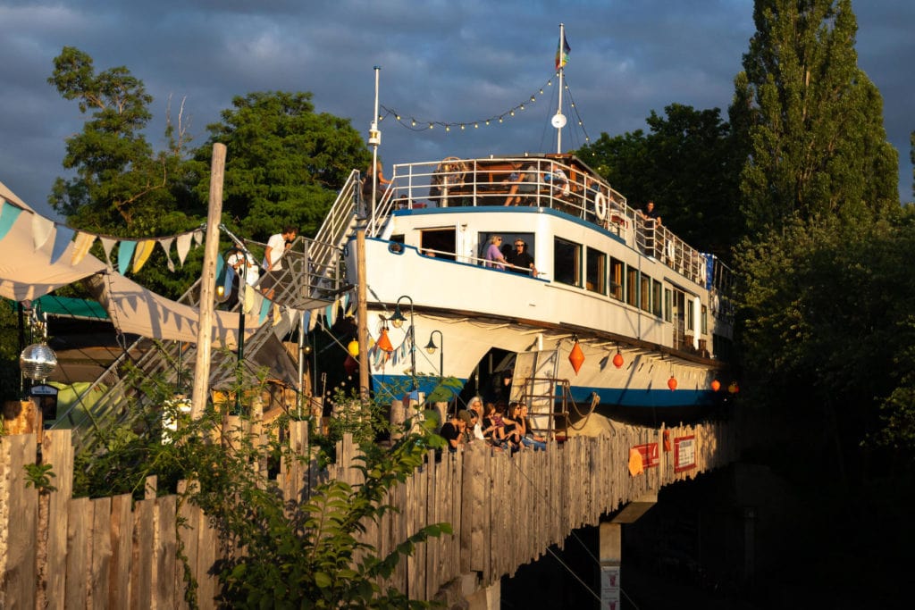 Restaurant of the Alte Utting in Munich, an old cargo ship