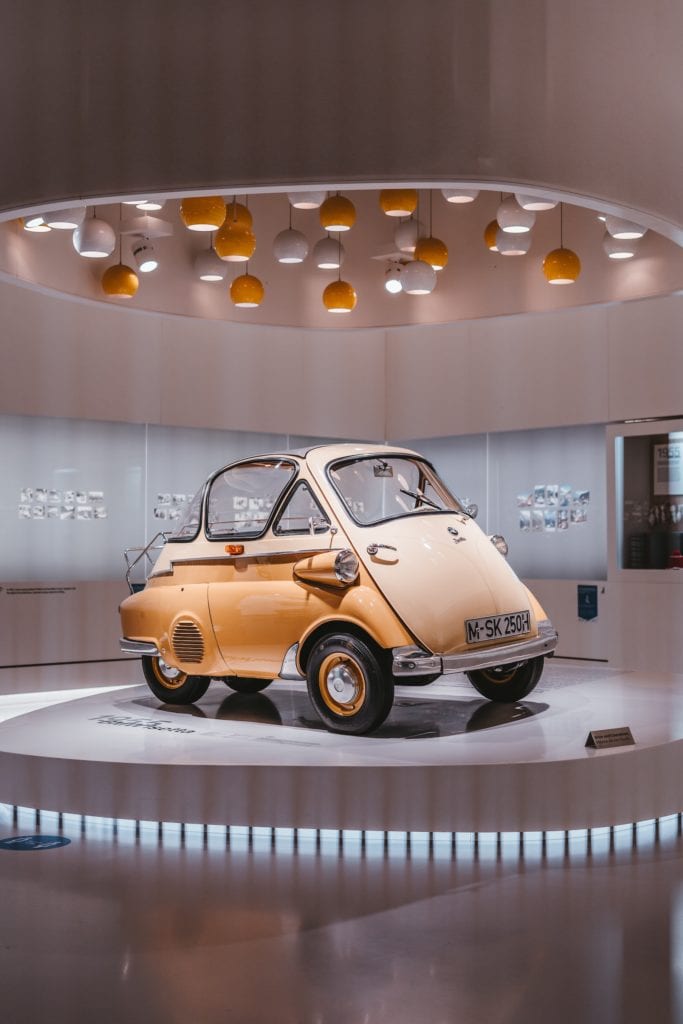 Yellow Oldtimer on display at the BMW Museum in Munich