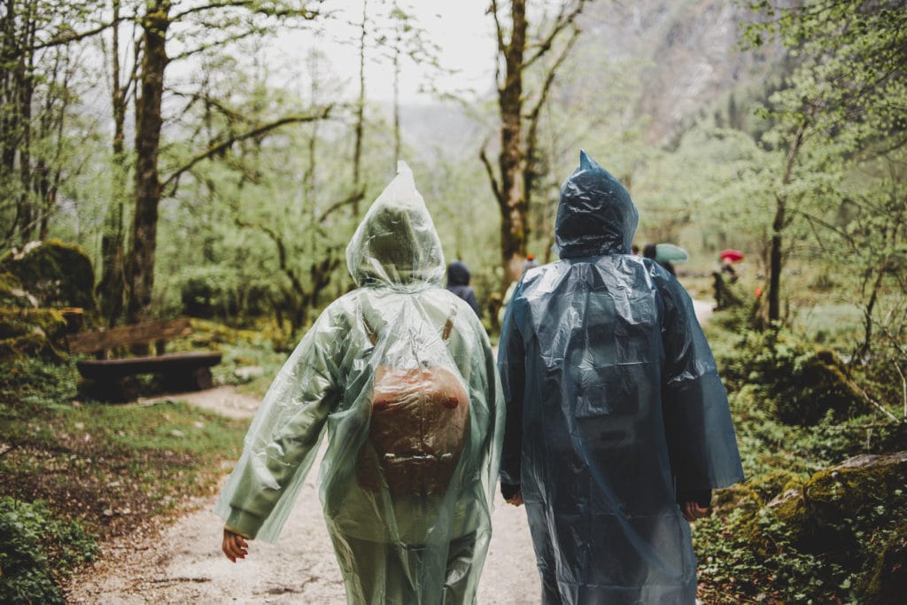 Wanderer spazieren in Regencapes durch Wald bei Regen