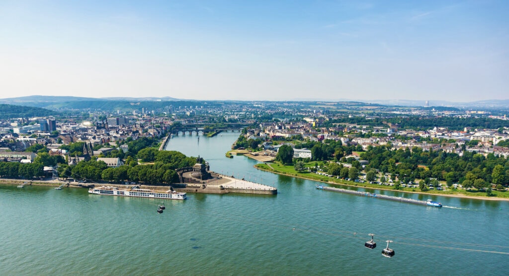 View over Koblenz and the rivers Rhine and  Moselle from Fortress Ehrenbreitstein.
