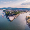 Panoramic view from the sky ,drone view at the river Rhein and Mosel by Koblenz, Deutsches Eck, Festung Ehrenbreitstein