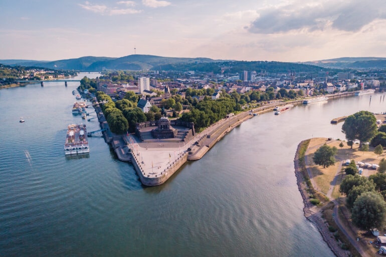 Panoramic view from the sky ,drone view at the river Rhein and Mosel by Koblenz, Deutsches Eck, Festung Ehrenbreitstein