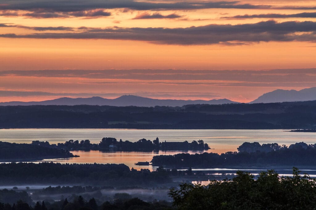 Sunset with view of the islands in the Chiemsee