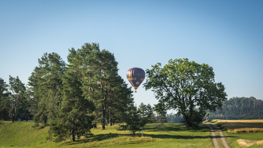 Landing hot air balloon after a flight above the Swabian Alb