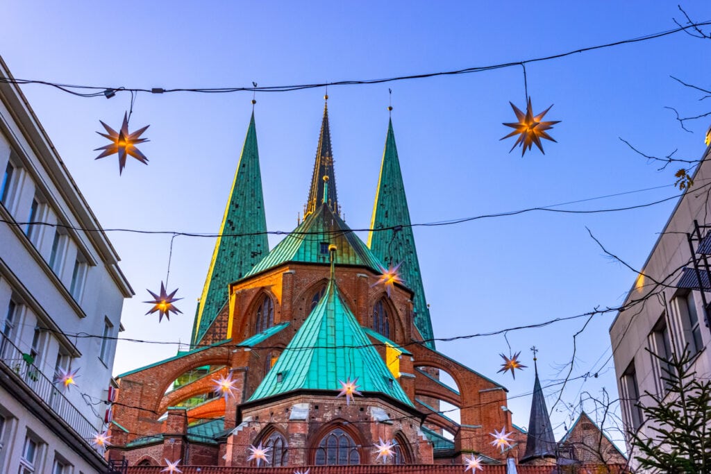 Church with Christmas decoration on a Christmas market in Germany