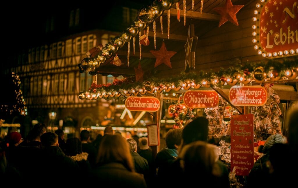 People strolling over Christmas market in Frankfurt, Germany