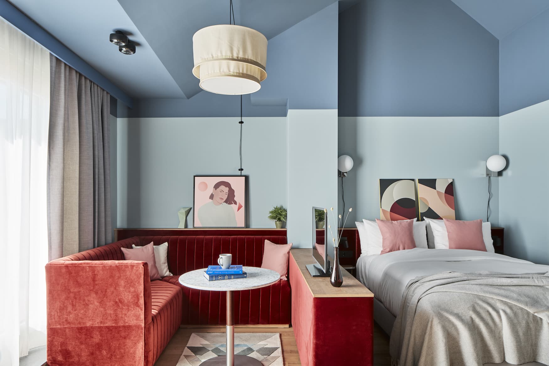 Playful hotel room in modern retro style