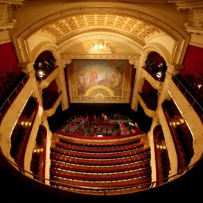 Zuschauerraum im Großen Haus des Mecklenburgischen Staatstheaters in Schwerin, von der obersten Empore genau mittig nach unten abgelichtet.