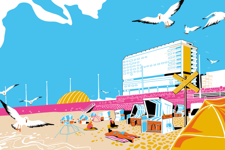 Bunte Illustration des Strandes in Westerland aus dem Buch "Bilderbuchland"