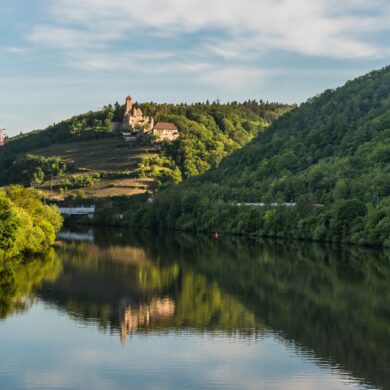 Burg Hornberg im Odenwald, im Vordergrund der Neckar