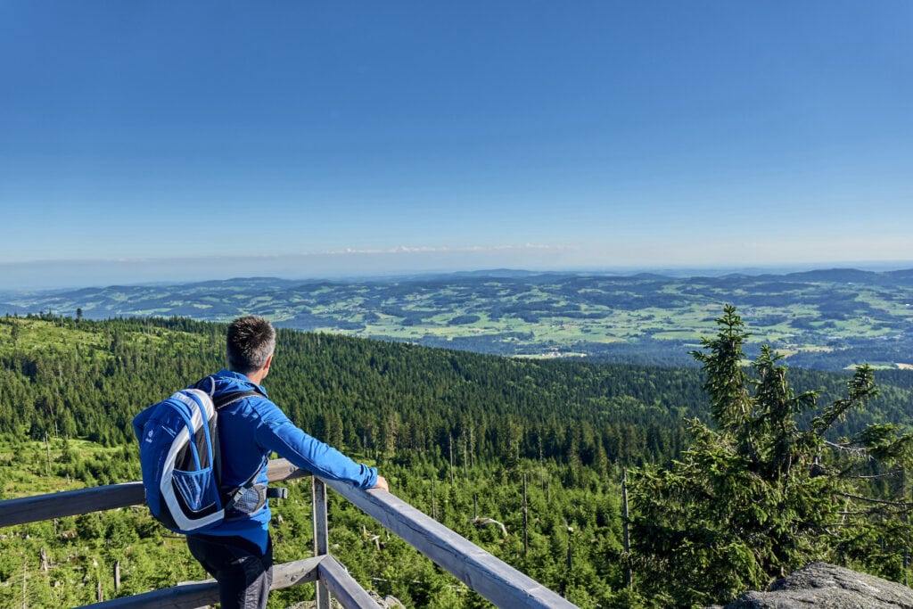 Wanderer blickt auf Dreisessel im Bayerischen Wald