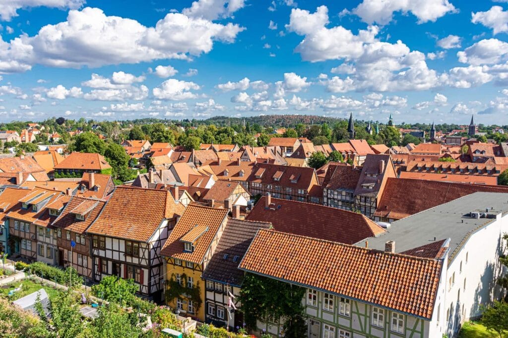 Beautiful aerial view of downtown historic center of Quedlinburg, Germany