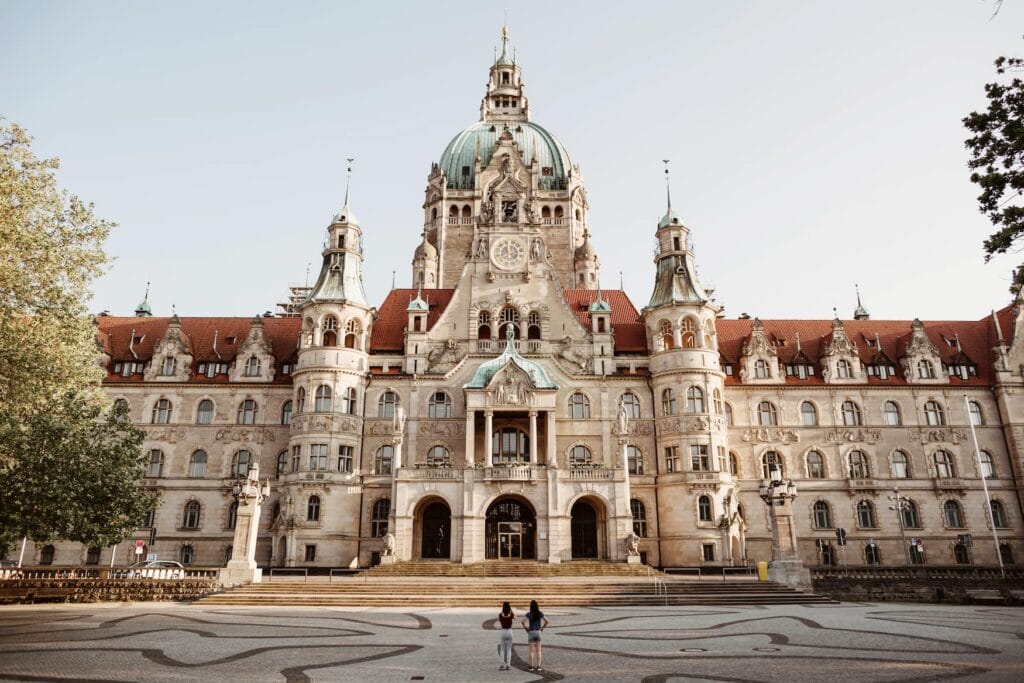 The huge and beautiful building of the Hanover City Hall (Neues Rathaus Hannover) in the evening light.