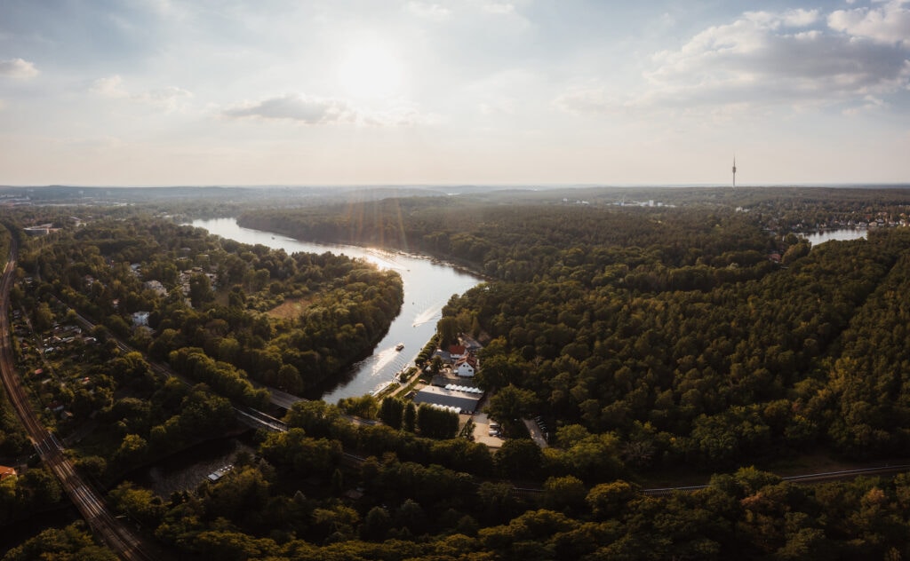 aerial panorama view on the Griebnitzsee on a summer day