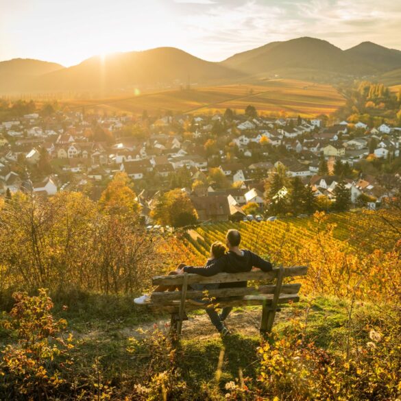 Ein Pärchen sitzt auf einer Bank und genießt den Ausblick auf die kleine Kalmit im Herbst in der Südpfalz