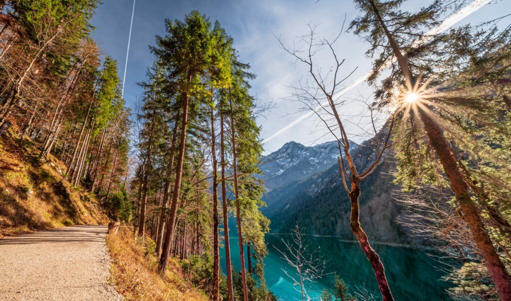 Autumn walks in Germany to the Eibsee with the Zugspitze at the background