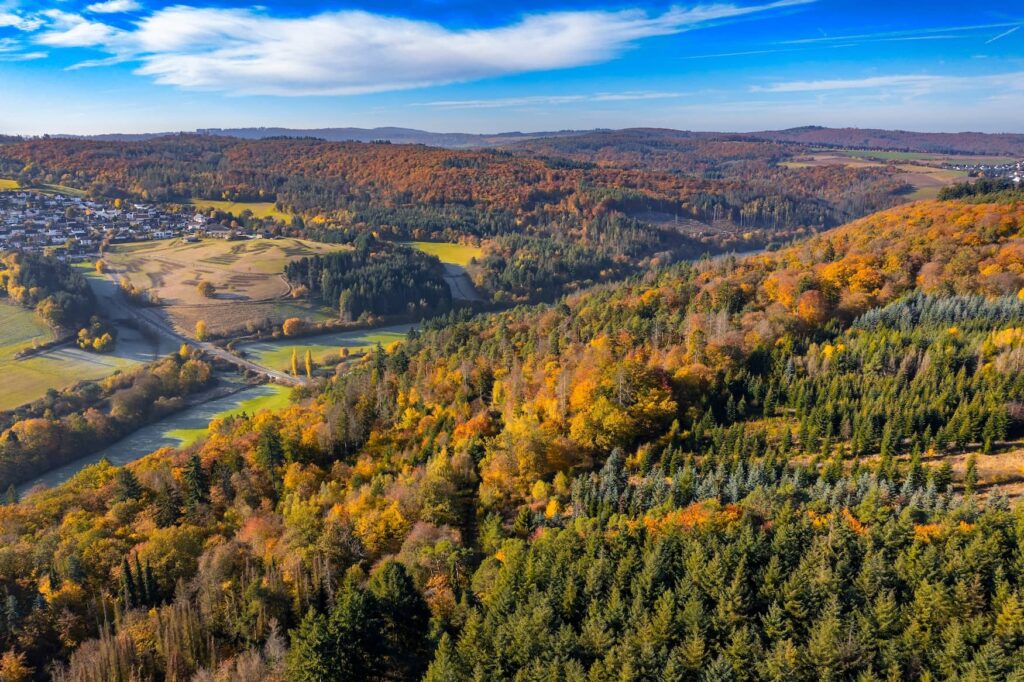 Bird's-eye view of the autumn-colored valley of the Aar in Taunus - Germany