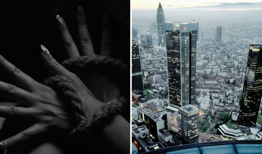 Skyline von Frankfurt und Bondage Hände
