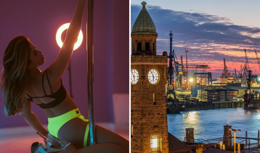 Stripperin und Hamburg mit Blicka uf den Hafen