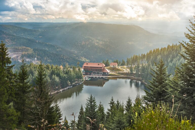 Blick von oben auf einen umwaldeten See mit einem großen Haus am Seeufer. Im Hintergrund sind die Berge des Schwarzwalds zu sehen.