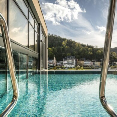 view from outdoor pool at a wellness hotel in Traben-Trabach at the Moselle