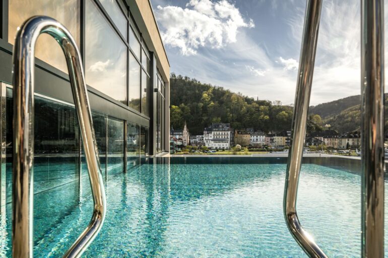 view from outdoor pool at a wellness hotel in Traben-Trabach at the Moselle
