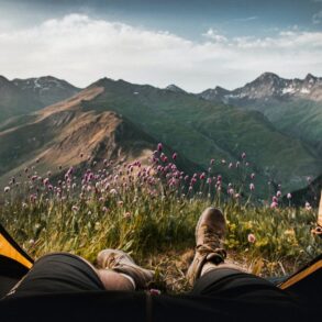 View from inside a tent onto some mountains