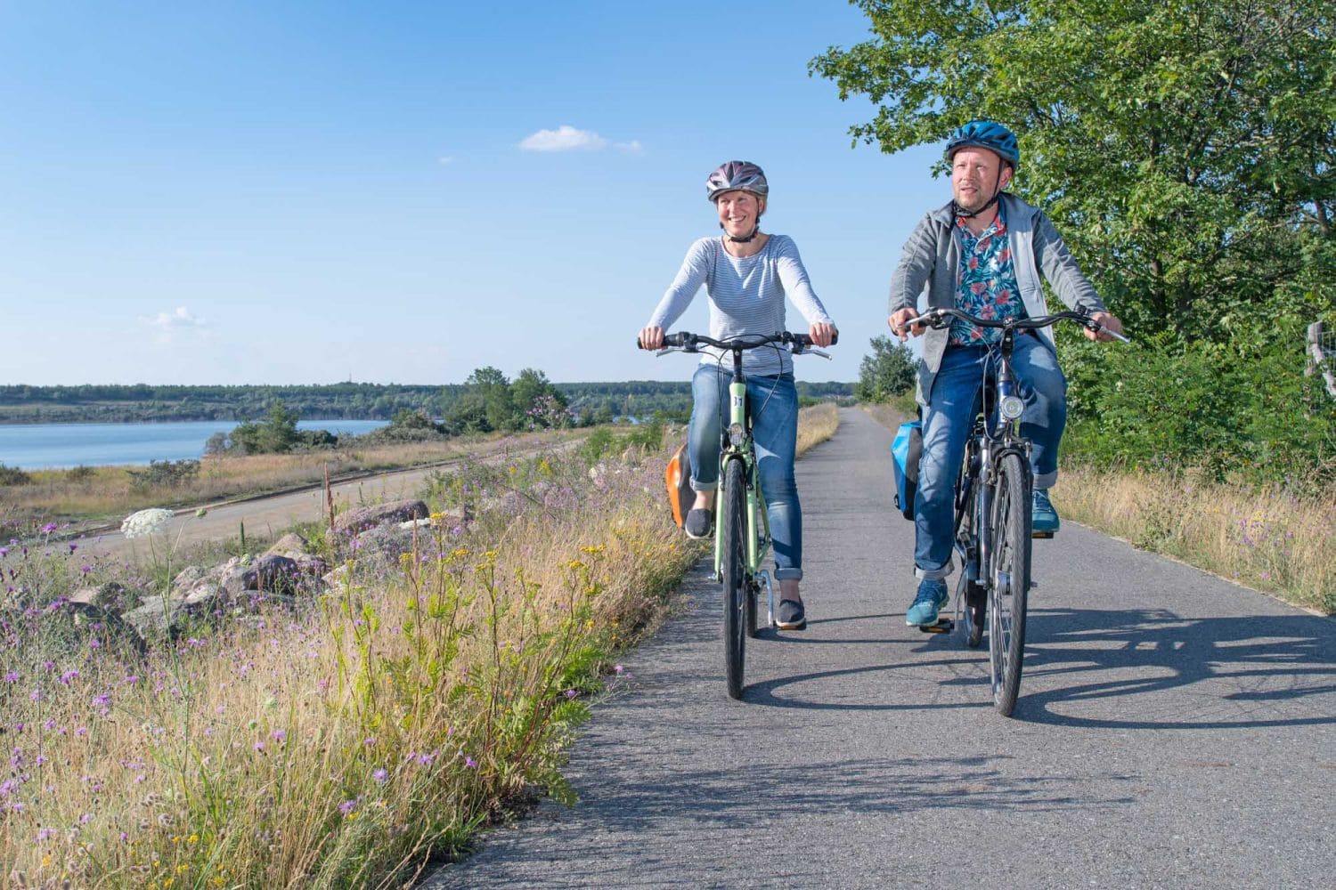 Zwei Personen fahren mit dem Rad am einem Seerundweg im Lausitzer Seenland entlang
