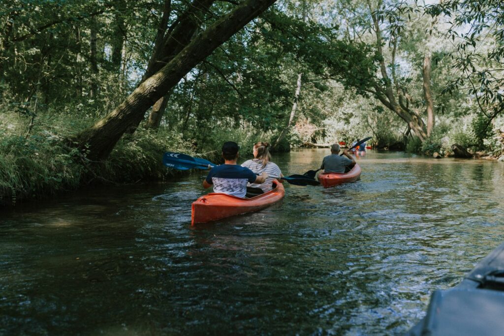 Two canoes drfting down a river in the woods