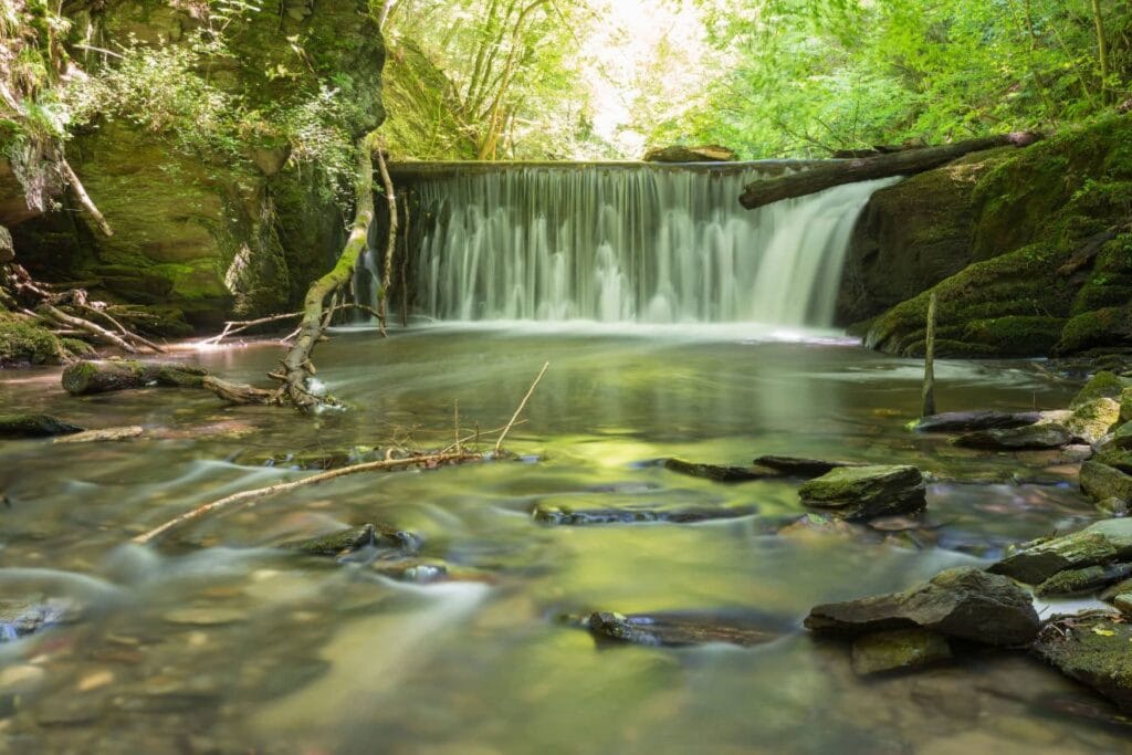 Langzeitbelichtung eines kleinen Wasserfalls in einem Wald. Im Bach unter dem Fall liegen einige größere Steine. Rund um den Wasserfall und den Bach wachsen Bäume und Büsche