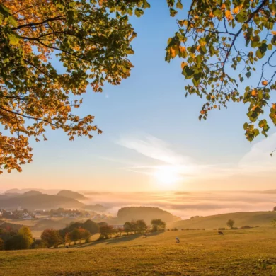 Panoramic view of an autumnal, misty valley in the Sauerland on the Rothaarsteig trail